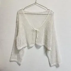 【GRL】フリーサイズ メッシュショート丈カーディガン（フロントリボン/白）