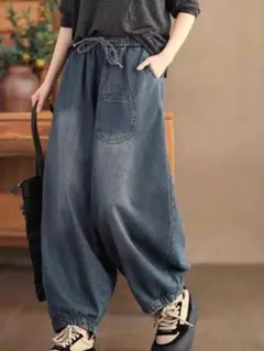 デニム ゆったり ワイド　ガウチョパンツ ゆるパンツ 通年 楽ちん 普段着