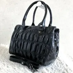 【未使用級 イールスキン 2way】ハンドバッグ　黒 エンボス加工　3層