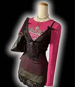 リボン　ドレス　ワンピース　グランジ　平成　ギャル　姫ギャル　00s　ピンク ma rs マーズ 姫ギャル Y2K ハート アリスタイム柄ワンピース