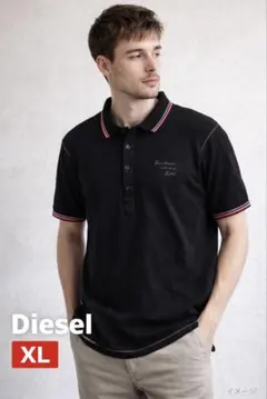 DIESEL黒メンズポロシャツXL綿100%定番刺繍ロゴ　ブラック