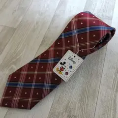 Disney チェック ネクタイ ディズニー ミッキー 赤 ボルドー カジュアル