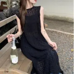 ニットワンピース ノースリーブ 2way ロング 体型カバー おしゃれ 黒