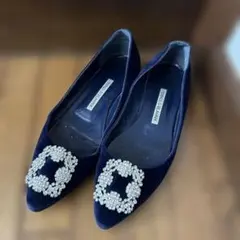 美品❣️マノロブラニク ハンギシ ベルベット 34 1/2 ブルー 青 ハンギシ 70 パンプス ロイヤルブルー マノロブラニク