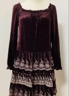 レストローズ L'EST ROSE ベロア ワンピース 刺繍 フリル 秋服 冬服
