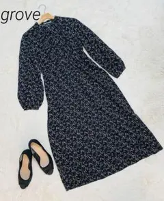 美品✨grove✨花柄フロントボタン　Aラインロングワンピース　サイズ:M 黒