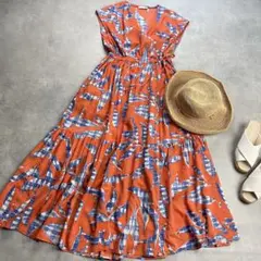 美品　Ballsey　カシュクールワンピース　ティアード　オレンジ　総柄