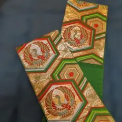 #IK03.成人正絹振袖帯華やかな六角金箔金彩鳳凰の織柄約416×30.5cm