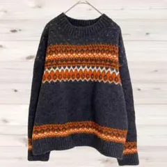 ジーユー　GU　ニット　M　グレー　オレンジ　総柄　大人可愛い　ウール混　厚手