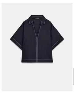 ZARA ステッチ入りオープンカラーシャツ M ネイビーのサムネイル