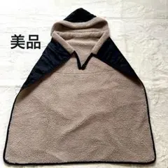 [美品]フード付きポンチョ ベージュ×ネイビーチェックポケット付き