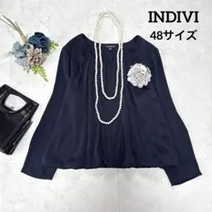 美品⭐︎INDIVI ギャザーカットソー　48サイズ　大きいサイズ　ネイビー