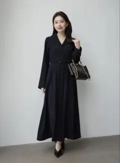 美品【anuans】2025AWノーカラーナローワンピース ネイビー サイズ2