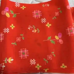 子供着物解き布 朱色 花柄 リメイク用 和柄布 古布 ハギレ　ハンドメイド用布