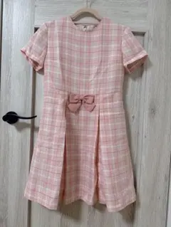 リボン付きピンクツイードチェックワンピース　入学式、卒園式に
