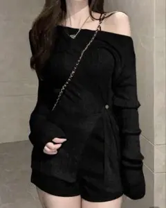 レディース ブラックオフショルダー ニットトップス SHEIN