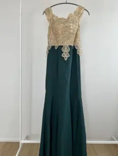 ロングドレス M グリーン ゴールド 刺繍 レース 編み上げ パーティードレス