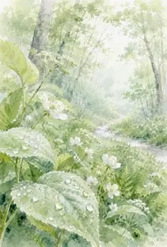 雨上がり　森林浴　水彩画風　自然の癒し　ボタニカル　イラスト　C112
