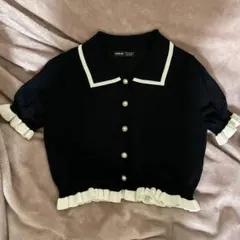 SHEIN ブラック　ニット半袖シャツ　襟付き