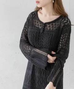 O632アーバンリサーチロングワンピースニットワンピースブラック黒長袖レース