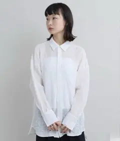 Iki Cu／Cローン総刺繍 ワイドシャツ ホワイト 凹凸素材 長袖シャツ 