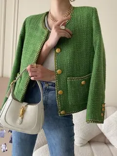 ツイードジャケット ノーカラー 金ボタン 入学式 卒業式 羽織 アウター 春