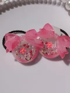 クリアレッドのリボン付きシャカシャカヘアゴム　2個セット