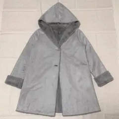 フェイクムートン ロングコート グレー フード ボア サイズ38