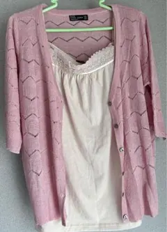 透かし編みピンクカーディガン カーディガンだけ