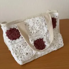 ナチュラル花モチーフかぎ編みトートバッグ＊ハンドメイド＊仕切り付き