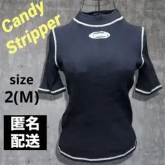 Candy Stripper リブニットハイネックステッチトップス黒 春服 夏服のサムネイル