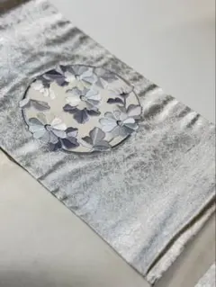 名古屋帯 シルバー 花柄刺繍
