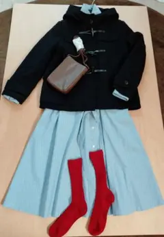 GUダッフルコート&ユニクロシャツワンピース&赤ソックス　セット