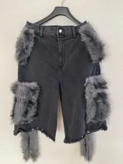 グランシー ファーポケットデザインハーフデニムカーゴパンツ ブラック