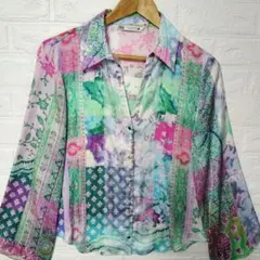 ZARA パッチワーク柄 シフォンシャツ 総柄 M