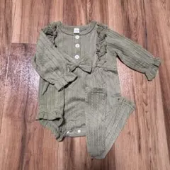 SHEIN ベビー ロンパース 長袖 フリル リボン カーキ