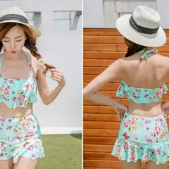 体型カバー花柄水着上下2点セット ホルター  M