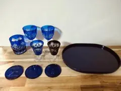 【美品】江戸切子 グラス・コースター・トレイ 9点セット 瑠璃 伝統工芸
