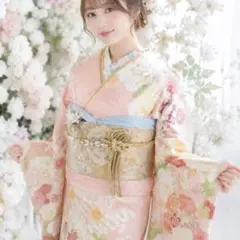 美品　豪華正絹振袖フルセット　やまと扱い袋帯　ピンク　花柄　大輪　成人式