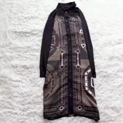 ベルトモチーフシャツワンピース チェーン 幾何学柄 異素材 長袖 ヴィンテージ