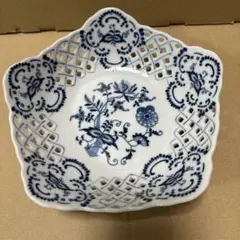 廃盤 美品 Blue Danube 持ち手付 透かしレースバスケット皿 楕円