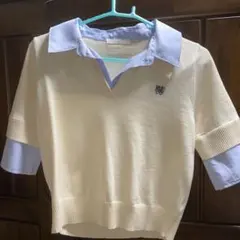 Chicoクリーム色 ニットポロシャツ 半袖刺繍ワンポイント