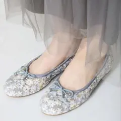 花柄チュールバレエパンプス リボン レース ブルー 38 24cm
