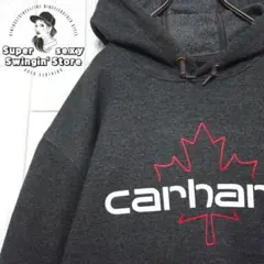 人気 カーハート スウェット パーカー L グレー ロゴデザイン 裏起毛 古着