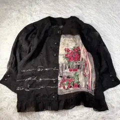 90s モード シアー ジャカード アート切替 ジャケット 黒 立体薔薇柄 M