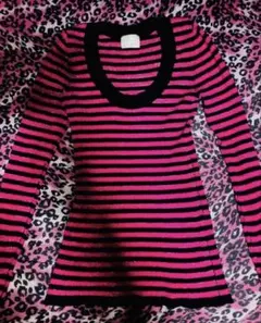 ピンク×黒 ボーダー 長袖 リブニットトップス Mサイズ ラメ入り