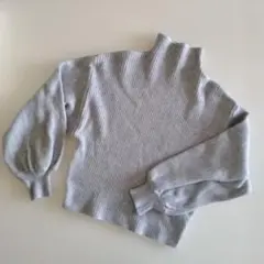 レディース グレー リブ編み ボトルネックセーター　バルーンスリーブ