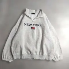 ハーフジップ　スウェットトレーナー　裏起毛　刺繍　ゆるダボ　F　韓国