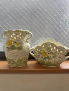 稀少 陶器製 花瓶 2点セット 透かし彫り フラワーベース 訳あり