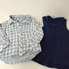 90cm チェック柄長袖シャツとタンクトップセット